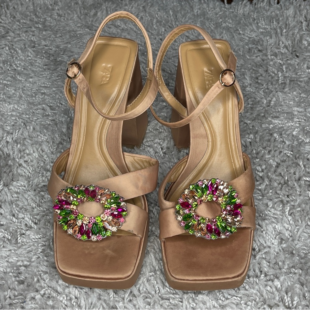 Elegant Trendy Zara Satin Bling Platform Chunky Block Sandal High Heel